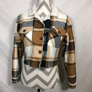 Love Women’s Cropped Brown Black Plaid Jacket NWT